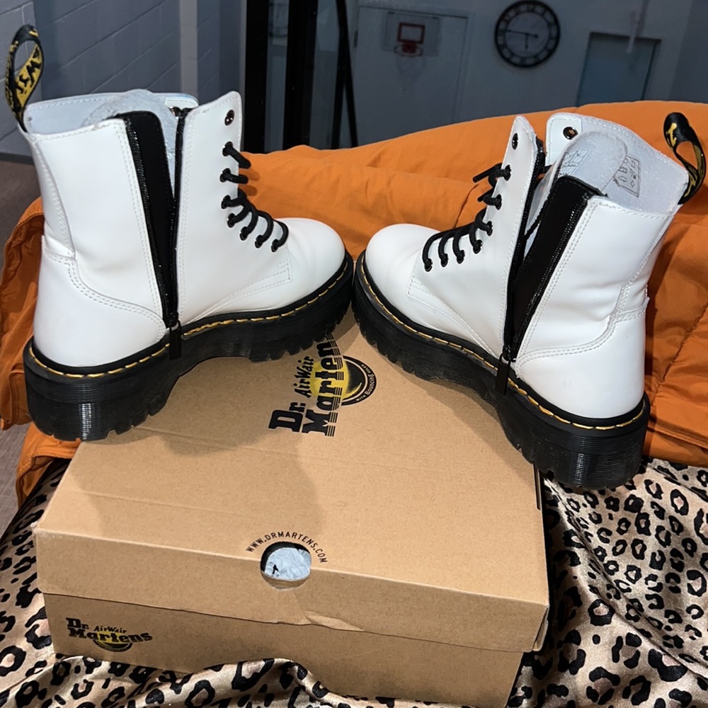 Dr. Martens White Leather Combat Boots with Black Accents